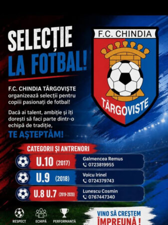  Chindia Târgoviște caută viitoarele talente ale fotbalului! Se fac înscrieri pentru noile generații de campioni