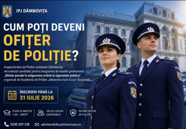 IPJ Dâmbovița recrutează viitori ofițeri de poliție. Înscrierile pentru masterul profesional al Academiei de Poliție se încheie pe 31 iulie IPJ Dâmbovița recrutează viitori ofițeri de poliție. Înscrierile pentru masterul profesional al Academiei de Poliție se încheie pe 31 iulie