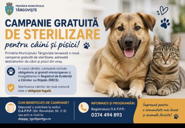 Sterilizare gratuită pentru câini și pisici în Târgoviște. Primăria dă startul unei noi campanii dedicate proprietarilor de animale Sterilizare gratuită pentru câini și pisici în Târgoviște. Primăria dă startul unei noi campanii dedicate proprietarilor de animale