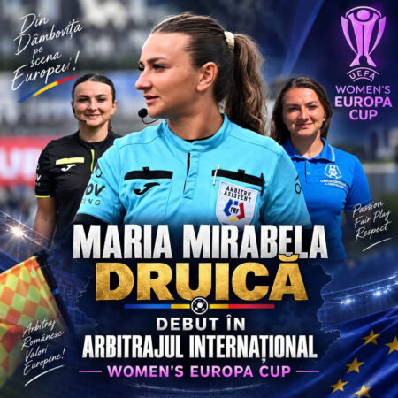 Debut internațional pentru o tânără arbitră din Dâmbovița! Maria Mirabela Druică, delegată de UEFA în Women’s Europa Cup Debut internațional pentru o tânără arbitră din Dâmbovița! Maria Mirabela Druică, delegată de UEFA în Women’s Europa Cup